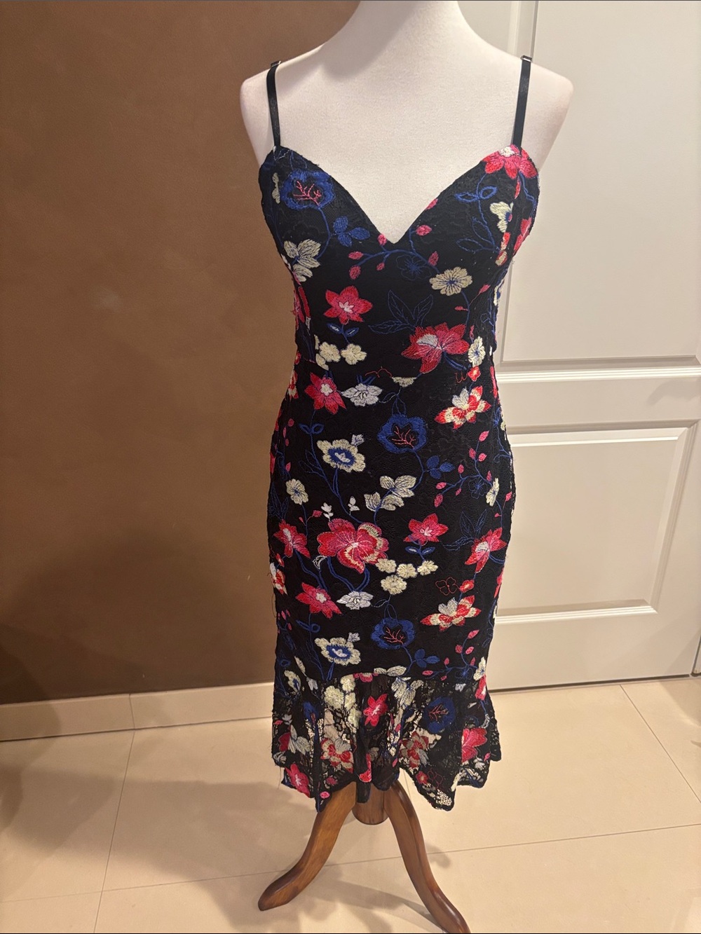 Guess Black Lace Midi Dress with Red, Blue and Cream Floral Embroidery